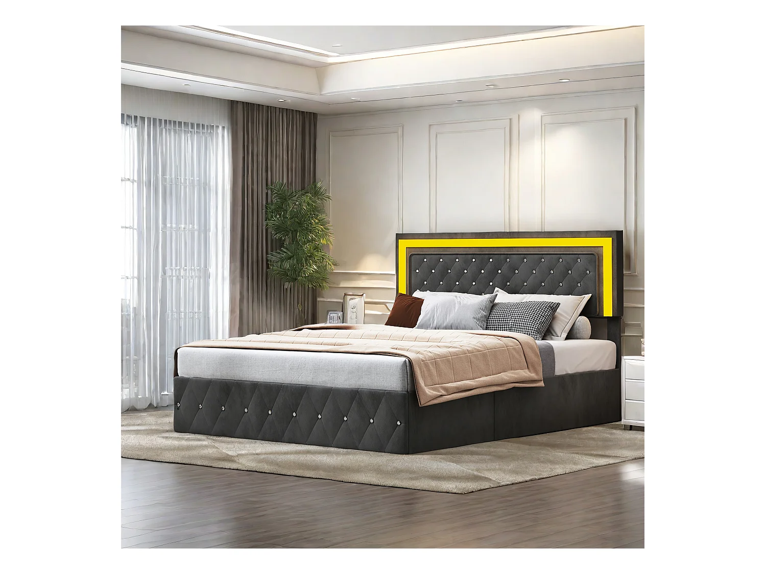 Lit capitonné, lit double, 160 x 200 cm, cadre de lit, lits coffres, velours, noir, sans matelas