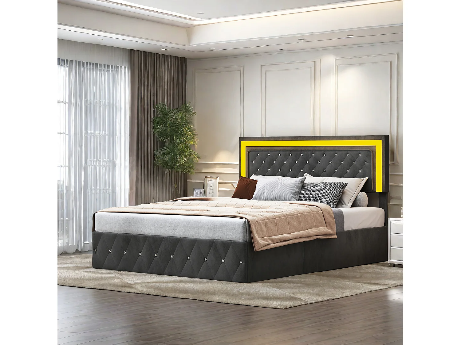 Lit capitonné, lit double, 160 x 200 cm, cadre de lit, lits coffres, velours, noir, sans matelas