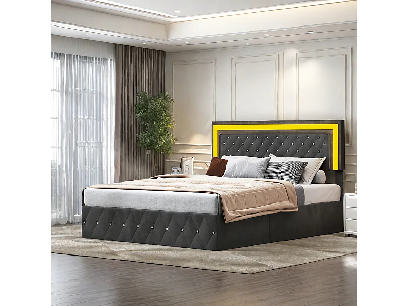 Lit capitonné, lit double, 160 x 200 cm, cadre de lit, lits coffres, velours, noir, sans matelas