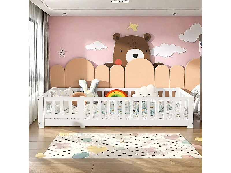 lit simple, 90 x 200 cm, cadre de lit, protection antichute,blanc, sans matelas