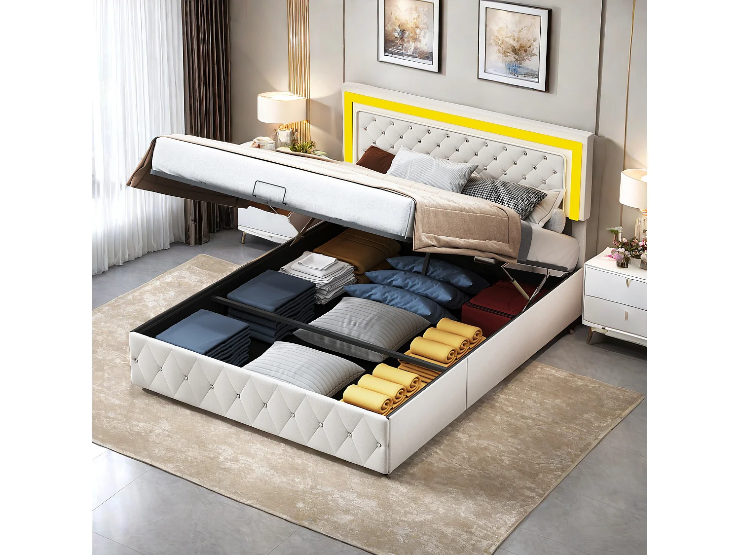 Lit capitonné, lit double, 160 x 200 cm, cadre de lit, lits coffres, velours, Beige, sans matelas