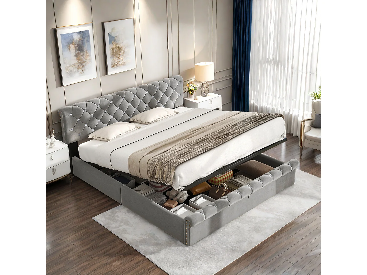 Lit double rembourré, 160 X 200 cm, cadre de lit, lit double, lit de rangement, velours, gris, sans matelas