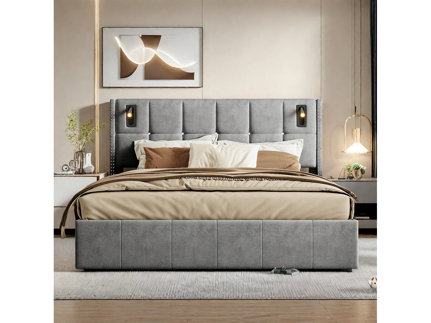 Lit rembourré, lit double, avec lampe de lecture, 160x200cm Lit double, lit coffre, avec espace de rangement, gris, sans matelas