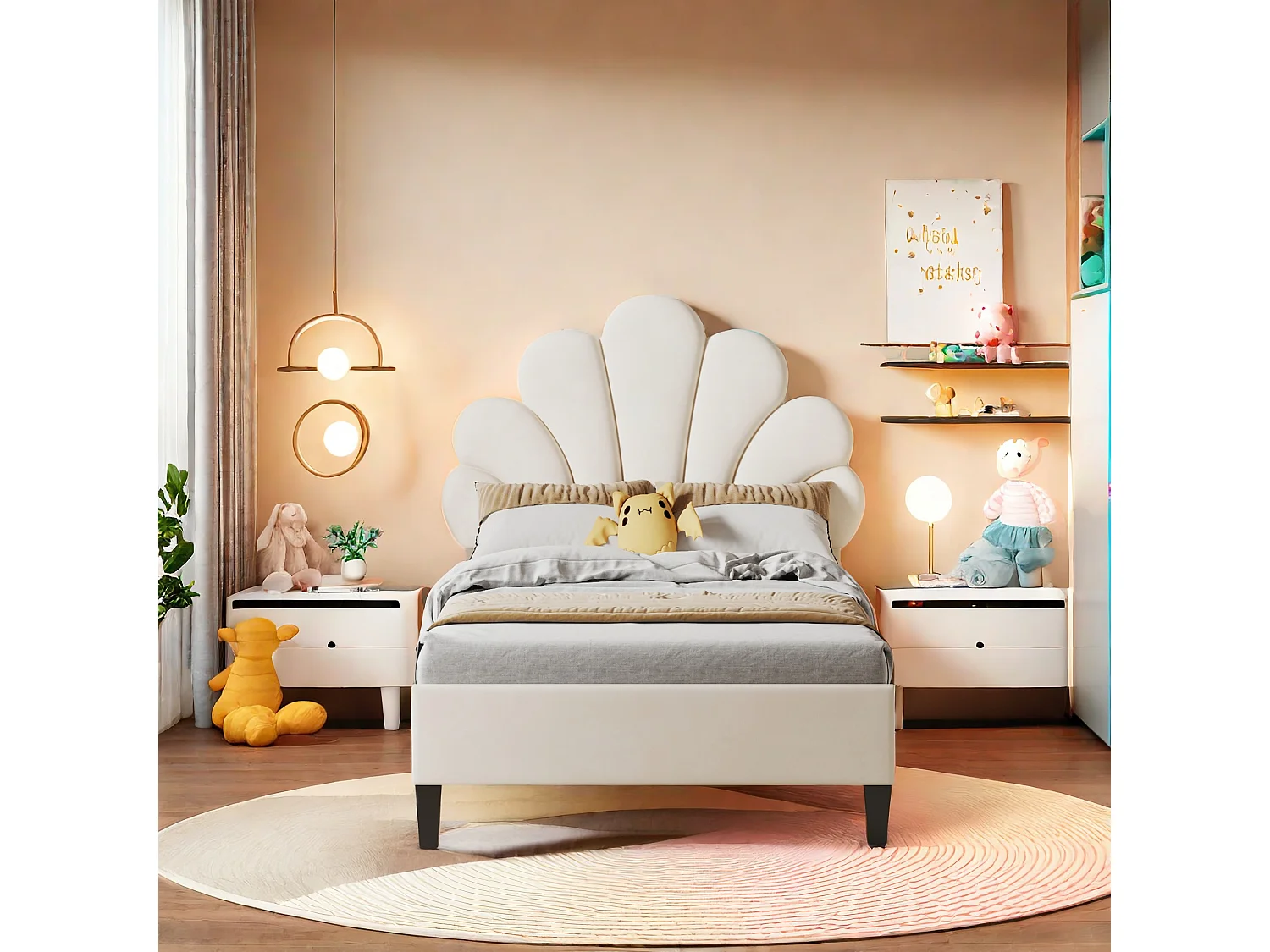 Lit enfant rembourré 90 x 200 cm, cadre de lit avec tête de lit en forme de fleur, lit ado fille, tissu velours