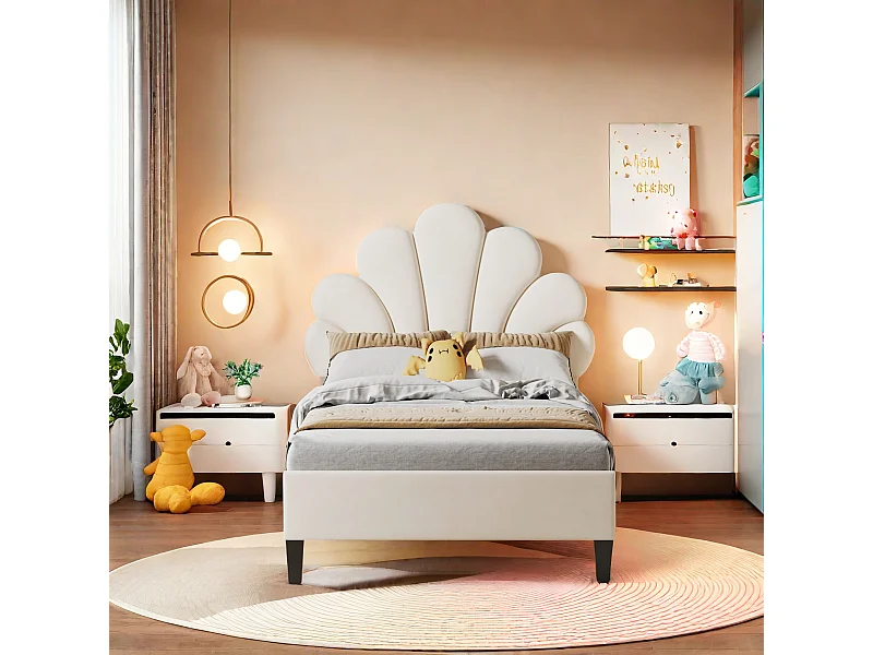 Lit enfant rembourré 90 x 200 cm, cadre de lit avec tête de lit en forme de fleur, lit ado fille, tissu velours