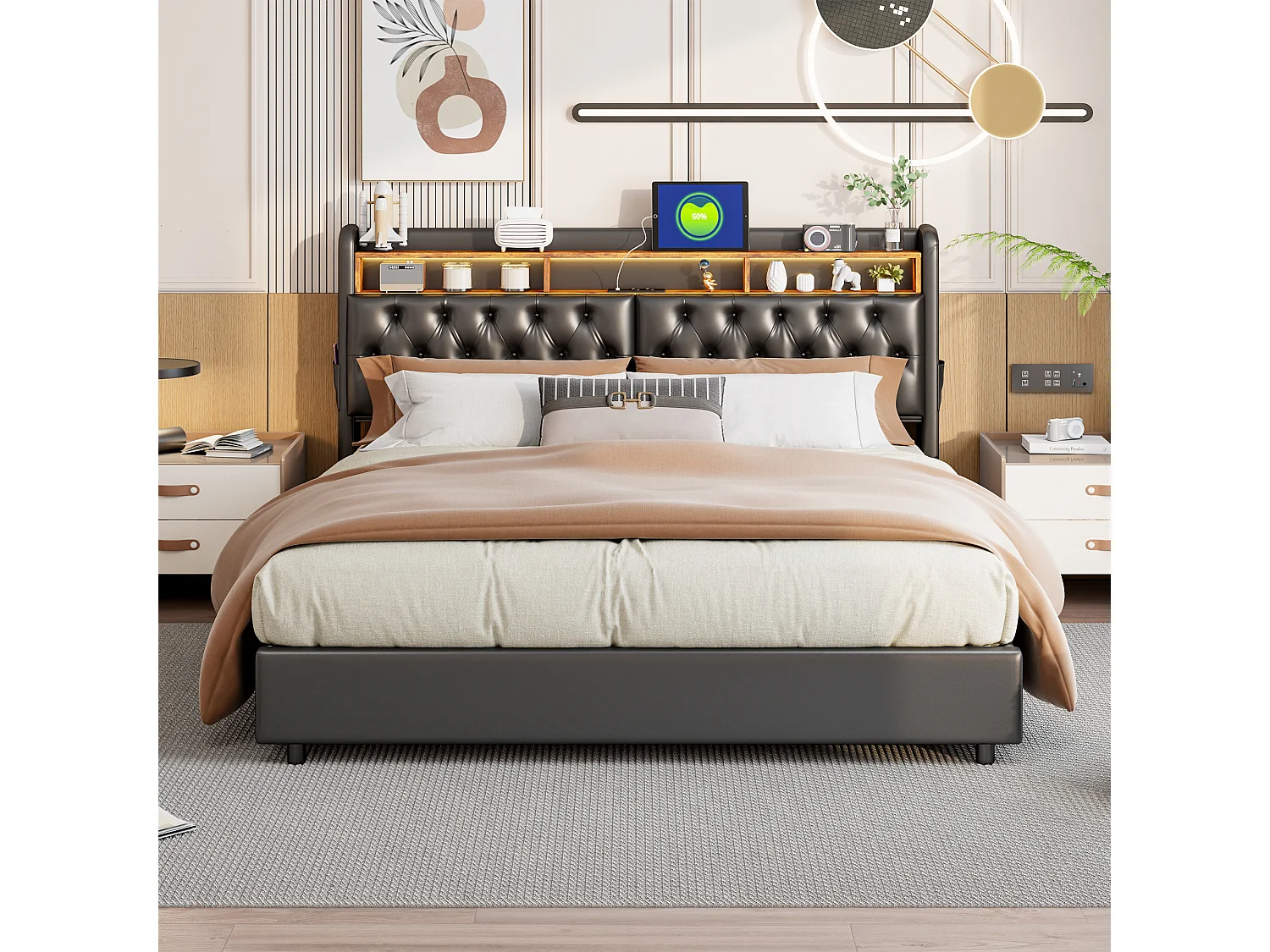 Lit rembourré, lit double, 180 x 200 cm, cadre de lit, lit double, PU, ​​noir, sans matelas