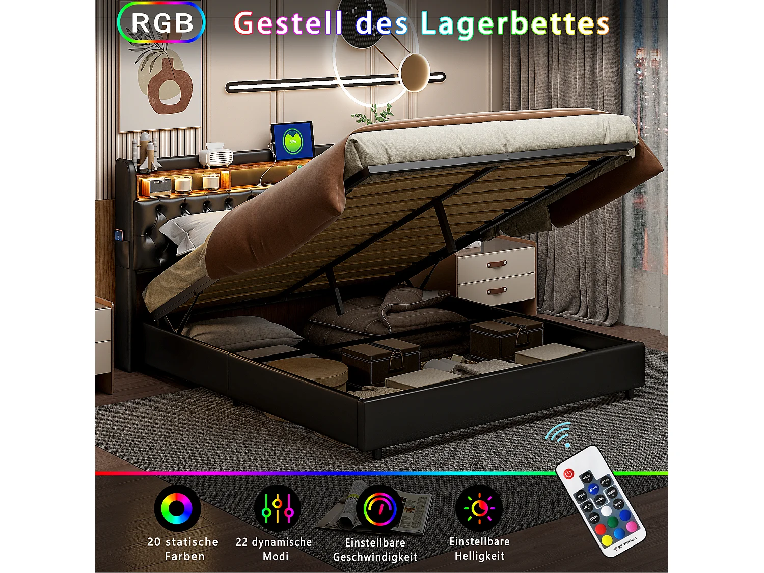 Lit rembourré, lit double, 180 x 200 cm, cadre de lit, lit double, PU, ​​noir, sans matelas