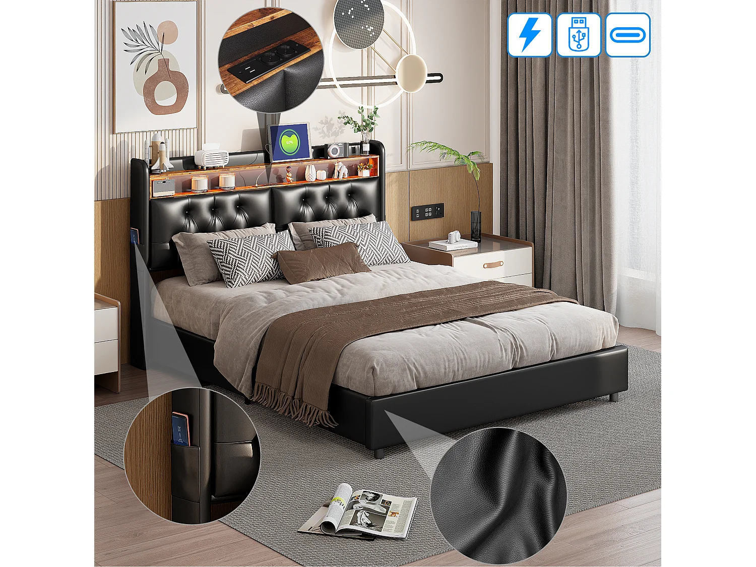 Lit rembourré, lit double, 180 x 200 cm, cadre de lit, lit double, PU, ​​noir, sans matelas