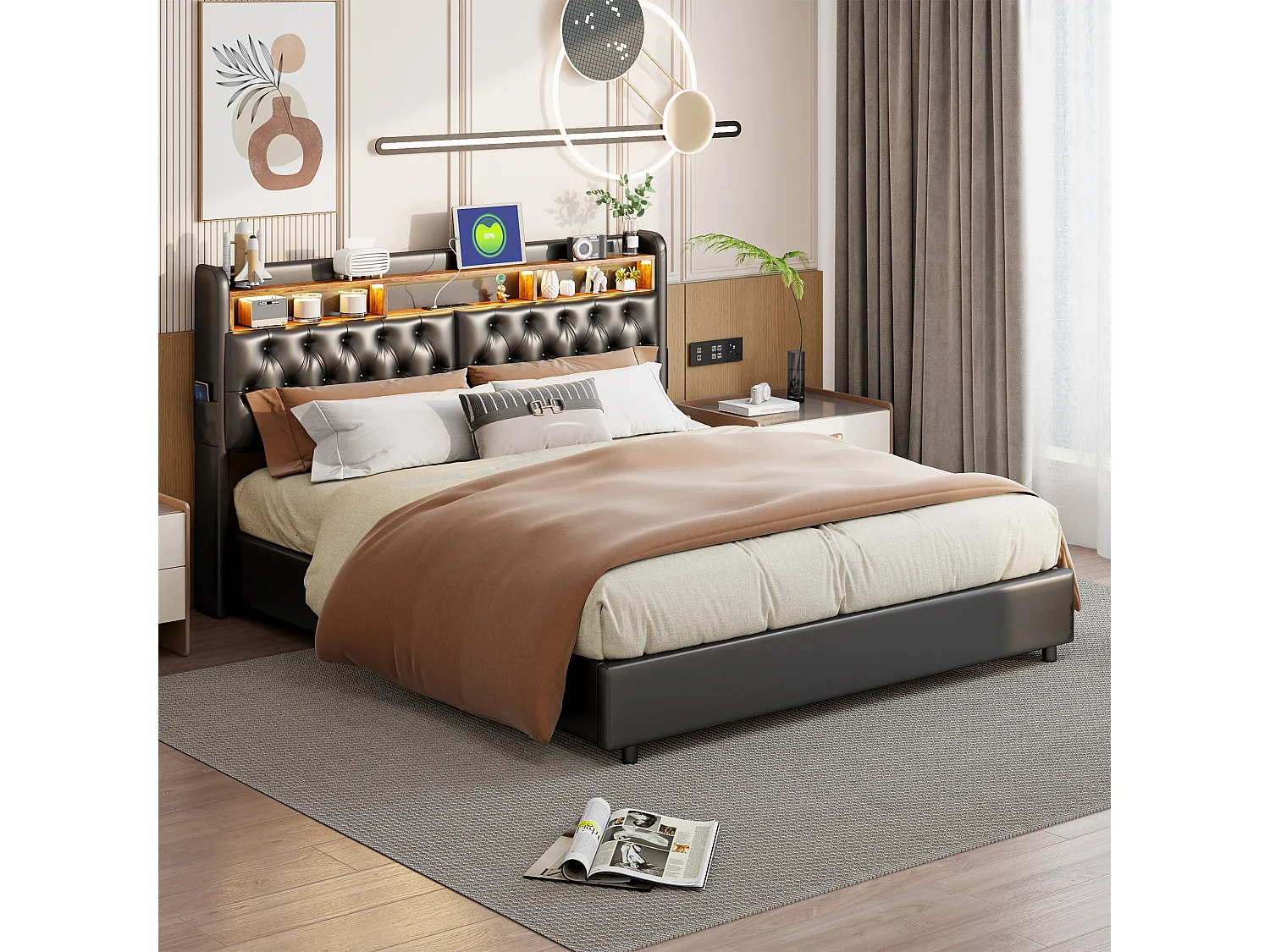 Lit rembourré, lit double, 180 x 200 cm, cadre de lit, lit double, PU, ​​noir, sans matelas