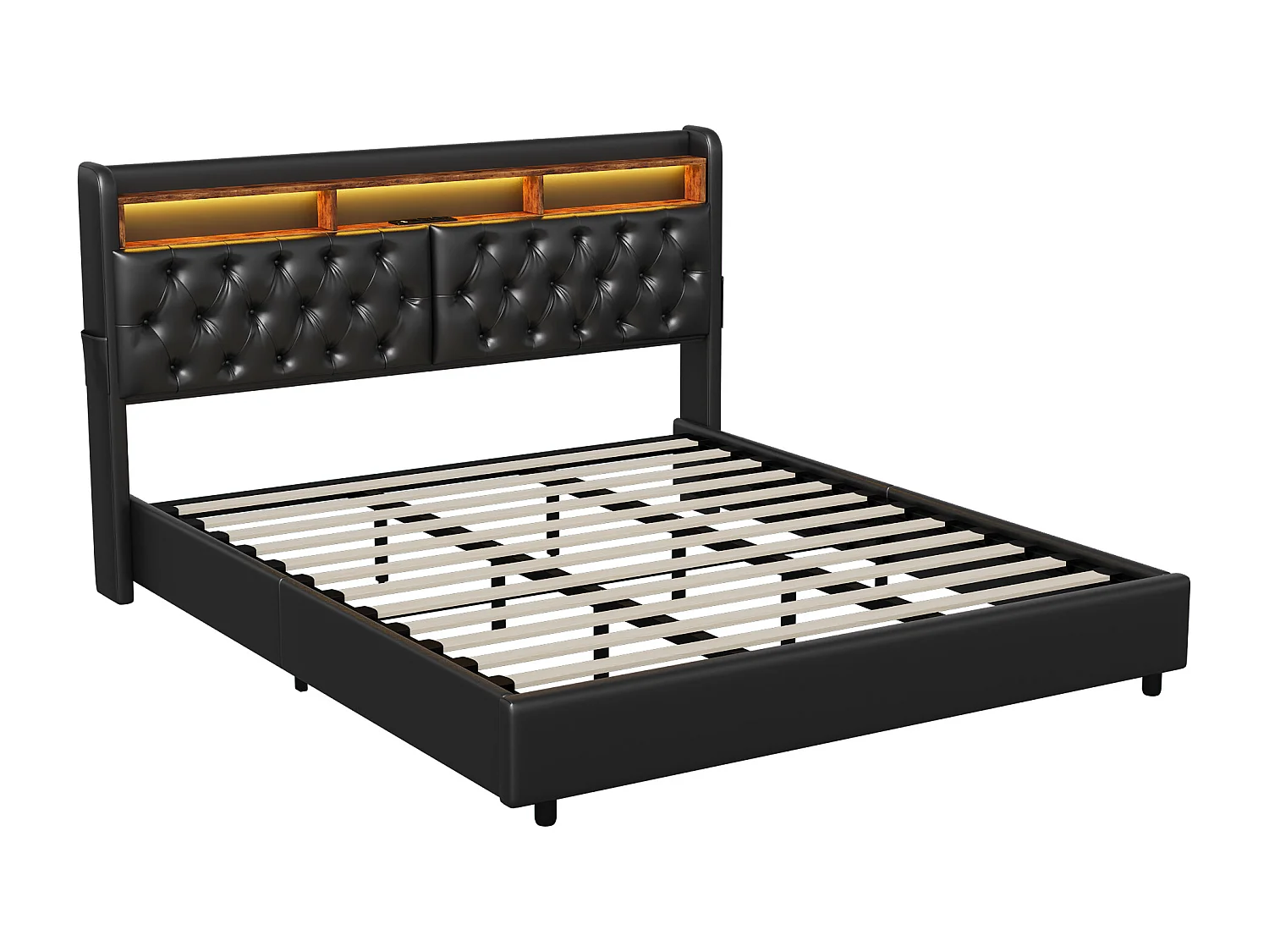 Lit rembourré, lit double, 180 x 200 cm, cadre de lit, lit double, PU, ​​noir, sans matelas