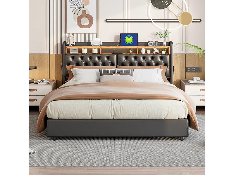 Lit rembourré, lit double, 180 x 200 cm, cadre de lit, lit double, PU, ​​noir, sans matelas