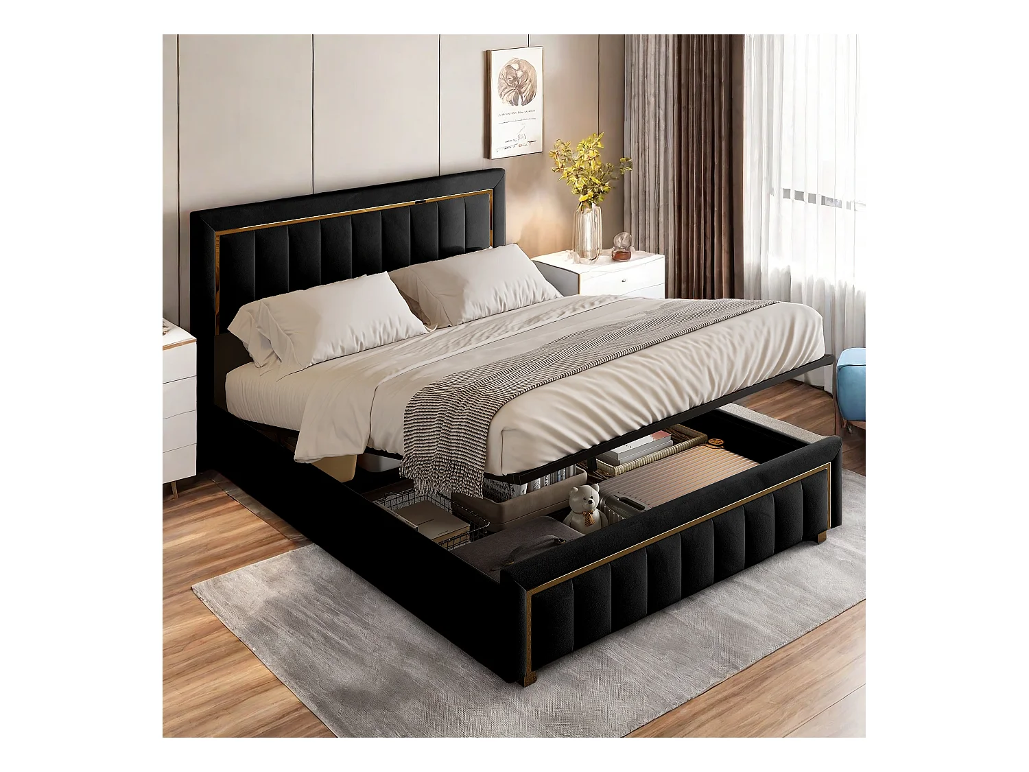 Lit capitonné, Lit double,140 x 200 cm, avec rangement, cadre de lit, velours, noir (matelas non inclus)