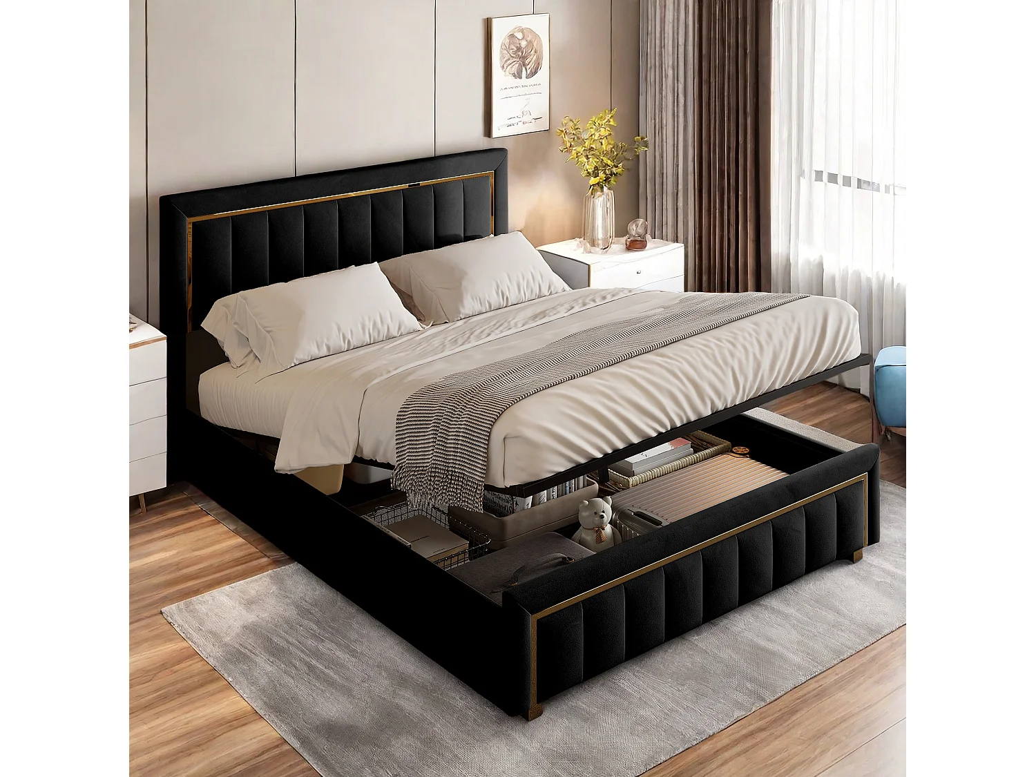 Lit capitonné, Lit double,140 x 200 cm, avec rangement, cadre de lit, velours, noir (matelas non inclus)