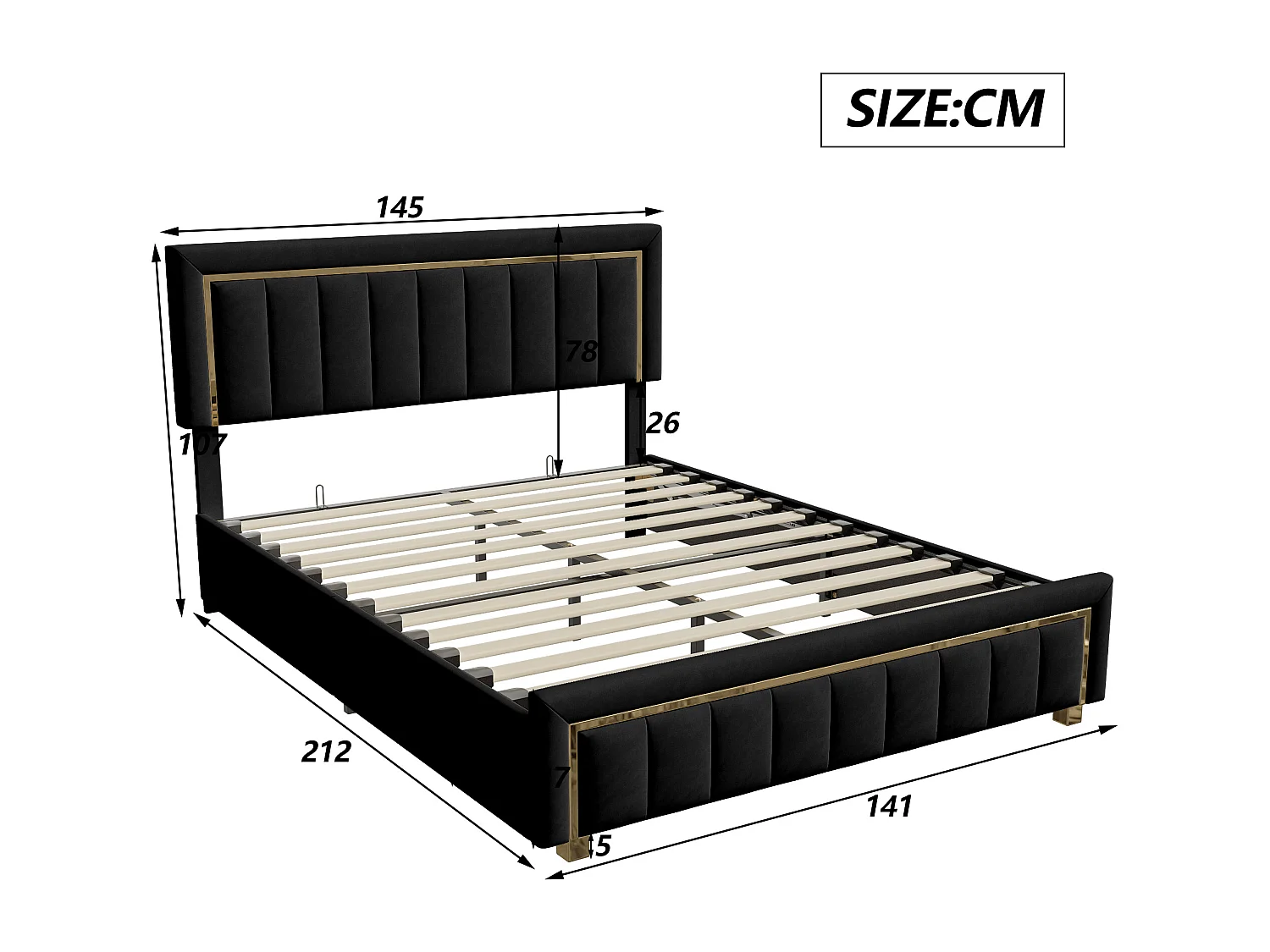 Lit capitonné, Lit double,140 x 200 cm, avec rangement, cadre de lit, velours, noir (matelas non inclus)