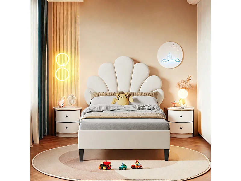 Lit enfant rembourré 90 x 200 cm, cadre de lit avec tête de lit en forme de fleur et sommier à lattes, tissu velours, beige, matelas non inclus