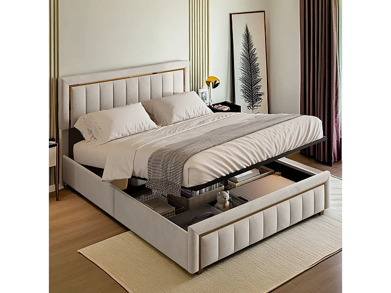 Lit double rembourré, 140 X 200 cm, cadre de lit, lit double, lit de rangement, avec espace de rangement, velours, beige, sans matelas