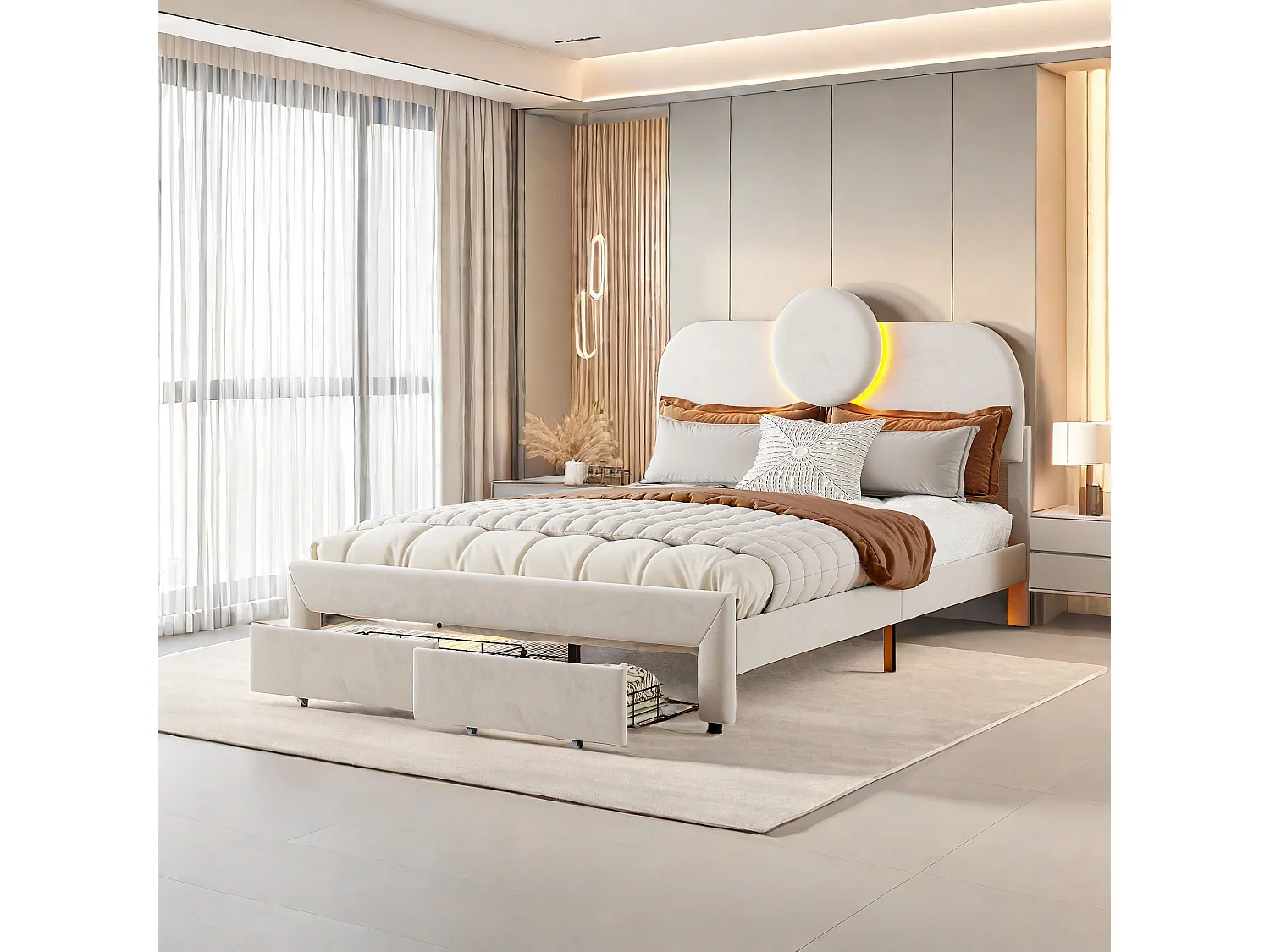 Cadre de lit double en velours 140x200cm, avec 2 tiroirs et bande lumineuse, tête de lit réglable, beige