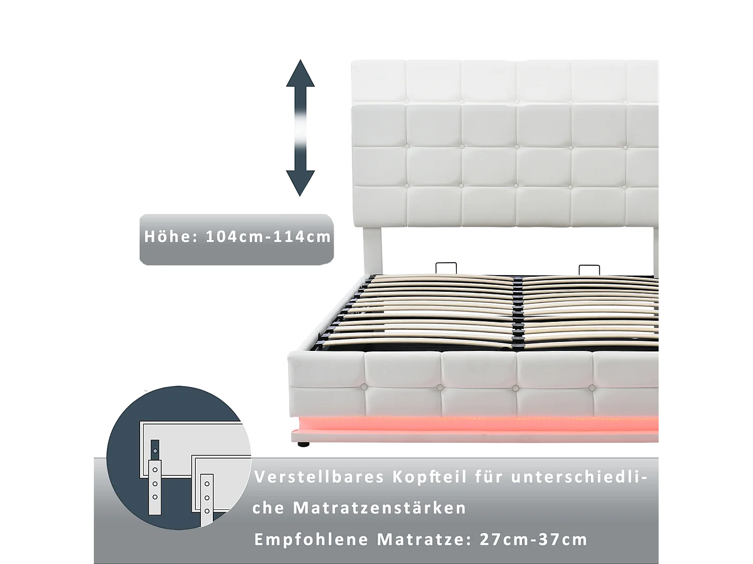 Lit double capitonné 140 x 200 cm, lit avec rangement, cadre de lit avec tête de lit et sommier à lattes, lit d'appoint, blanc (matelas non inclus)