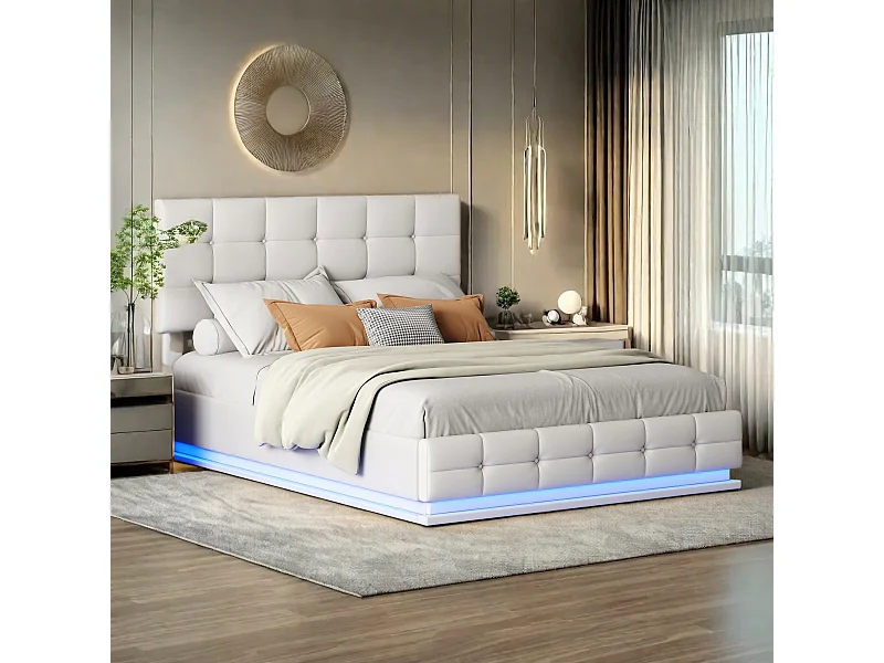 Lit double capitonné 140 x 200 cm, lit avec rangement, cadre de lit avec tête de lit et sommier à lattes, lit d'appoint, blanc (matelas non inclus)