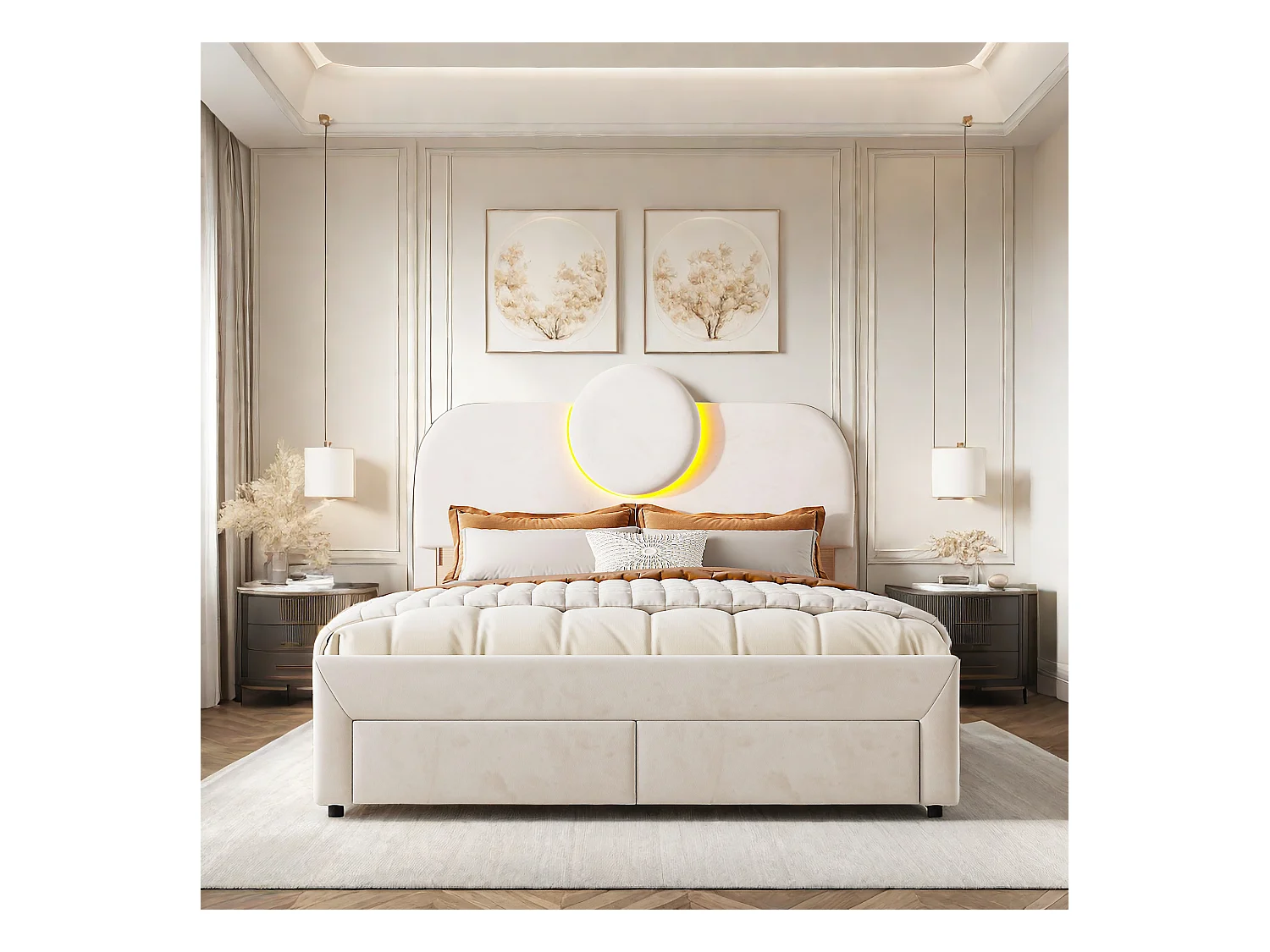 Lit capitonné, lit double, 140 x 200 cm, avec rangement, 2 tiroirs, avec led, cadre de lit, velours, beige (matelas non inclus)