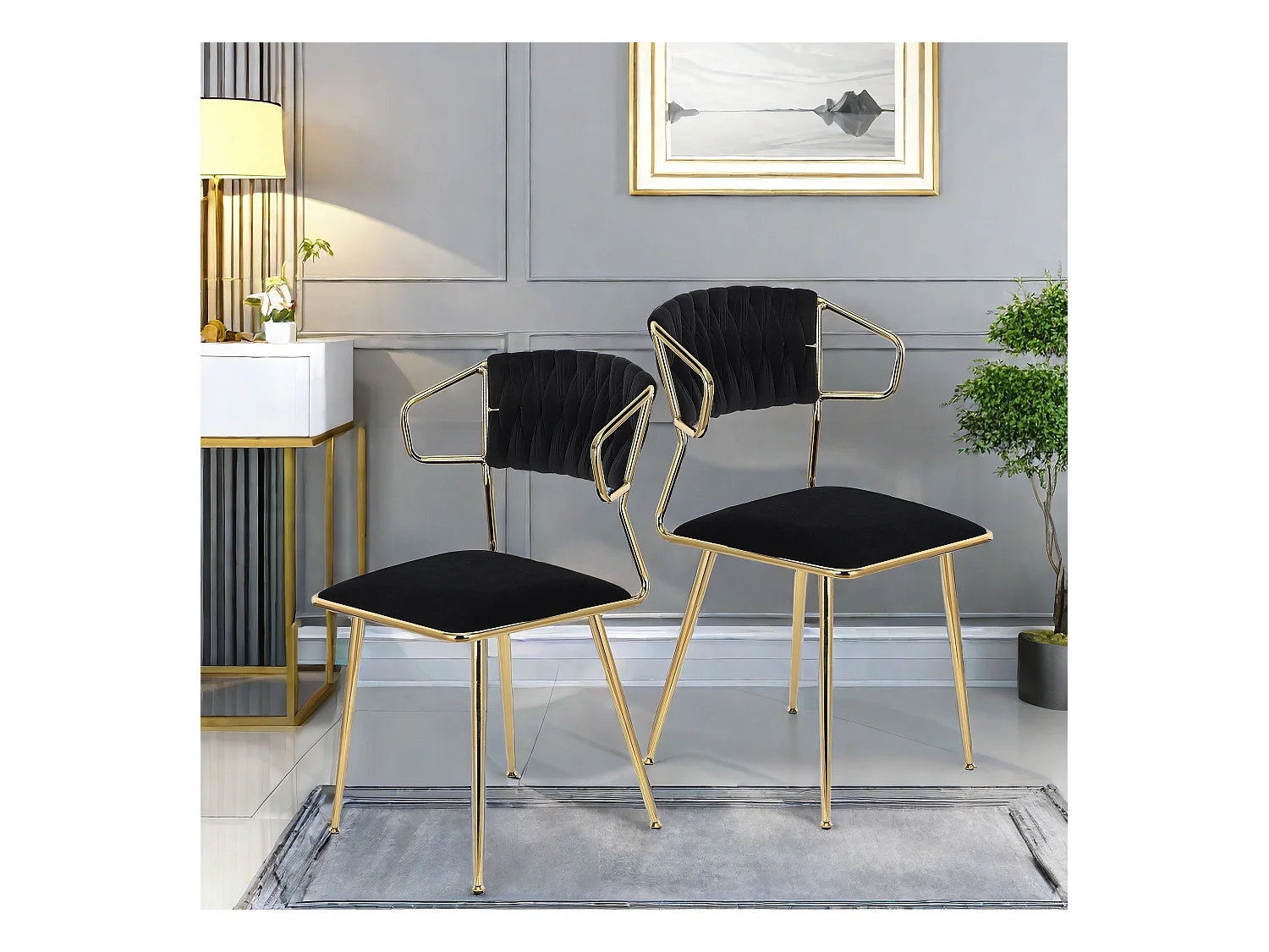 Lot de 2 chaises de salle à manger avec dossier, chaise de salle à manger avec revêtement en velours, chaise rembourrée confortable, chaise de cuisine avec pieds en métal, noir