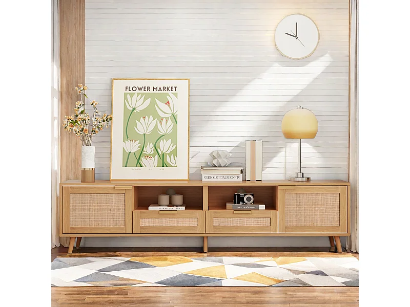 Table console TV, 200*37*49cm, meuble TV avec design en rotin véritable, meuble TV avec pieds en bois massif, table TV en rotin tressé