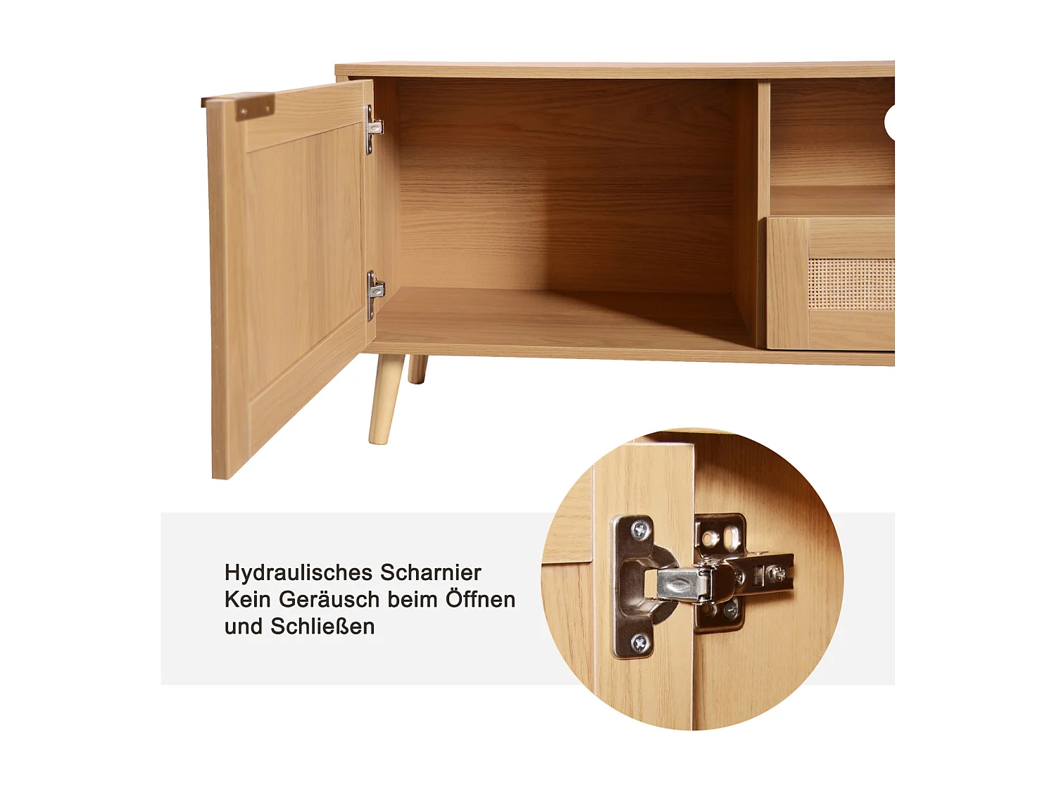 Table console TV, 200*37*49cm, meuble TV avec design en rotin véritable, meuble TV avec pieds en bois massif, table TV en rotin tressé