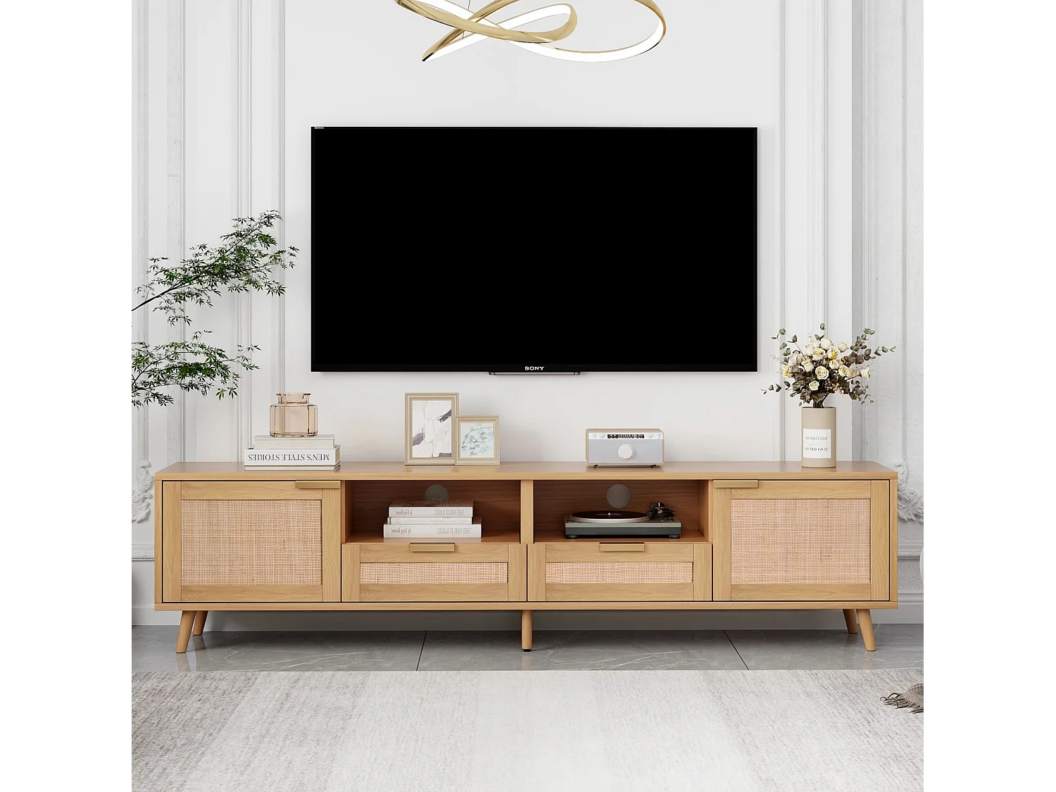 Table console TV, 200*37*49cm, meuble TV avec design en rotin véritable, meuble TV avec pieds en bois massif, table TV en rotin tressé
