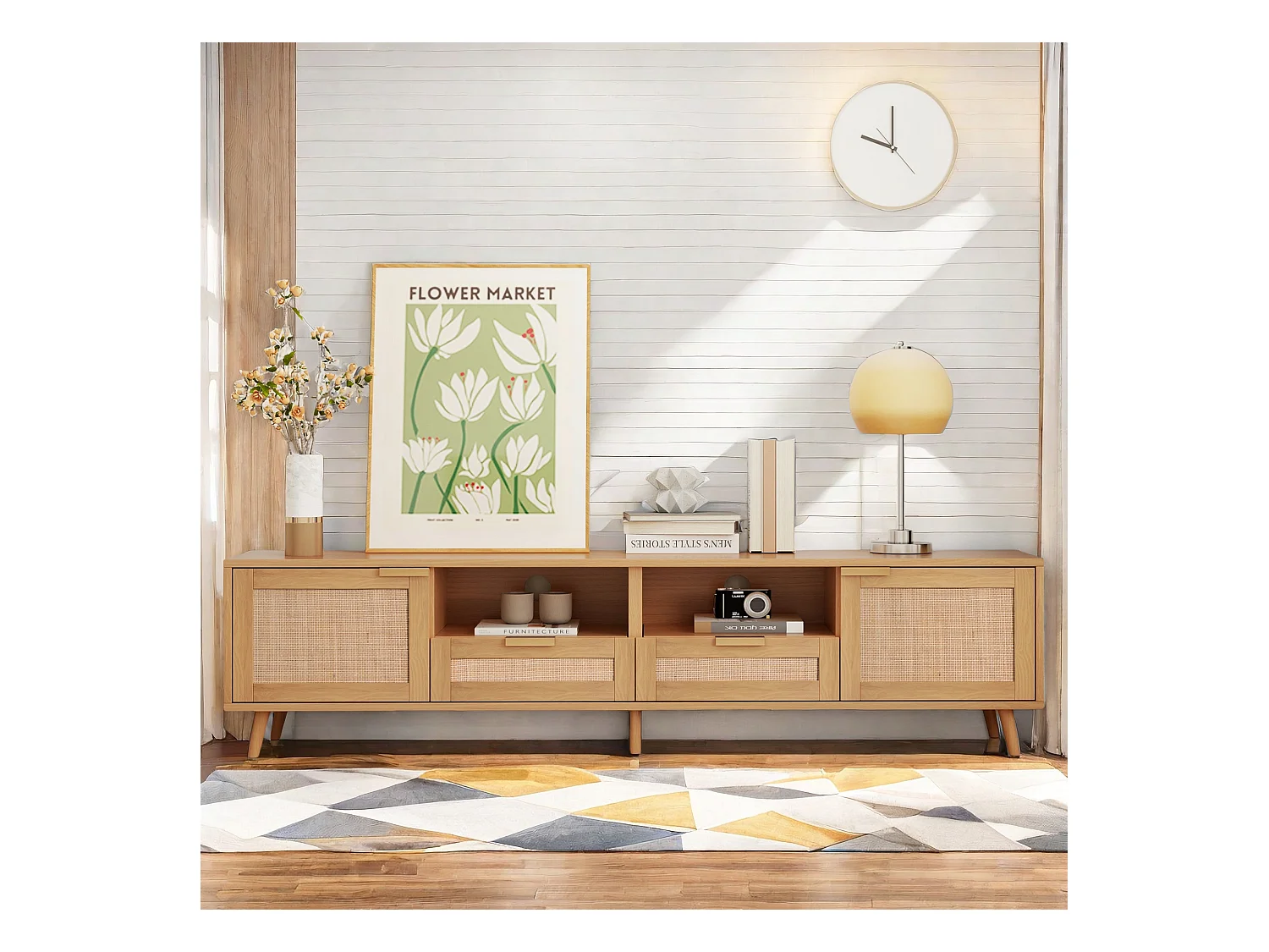 Table console TV, 200*37*49cm, meuble TV avec design en rotin véritable, meuble TV avec pieds en bois massif, table TV en rotin tressé