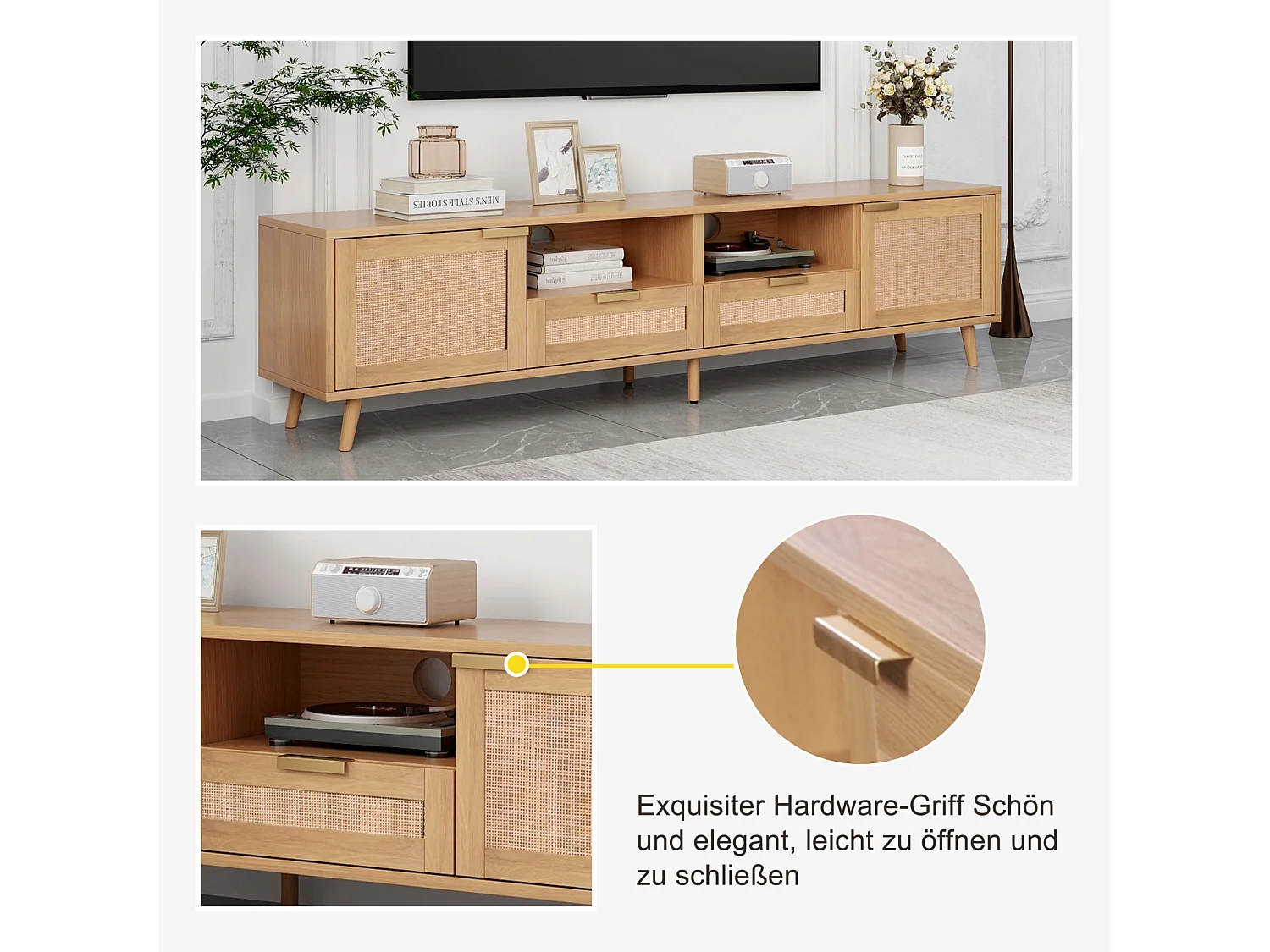 Table console TV, 200*37*49cm, meuble TV avec design en rotin véritable, meuble TV avec pieds en bois massif, table TV en rotin tressé