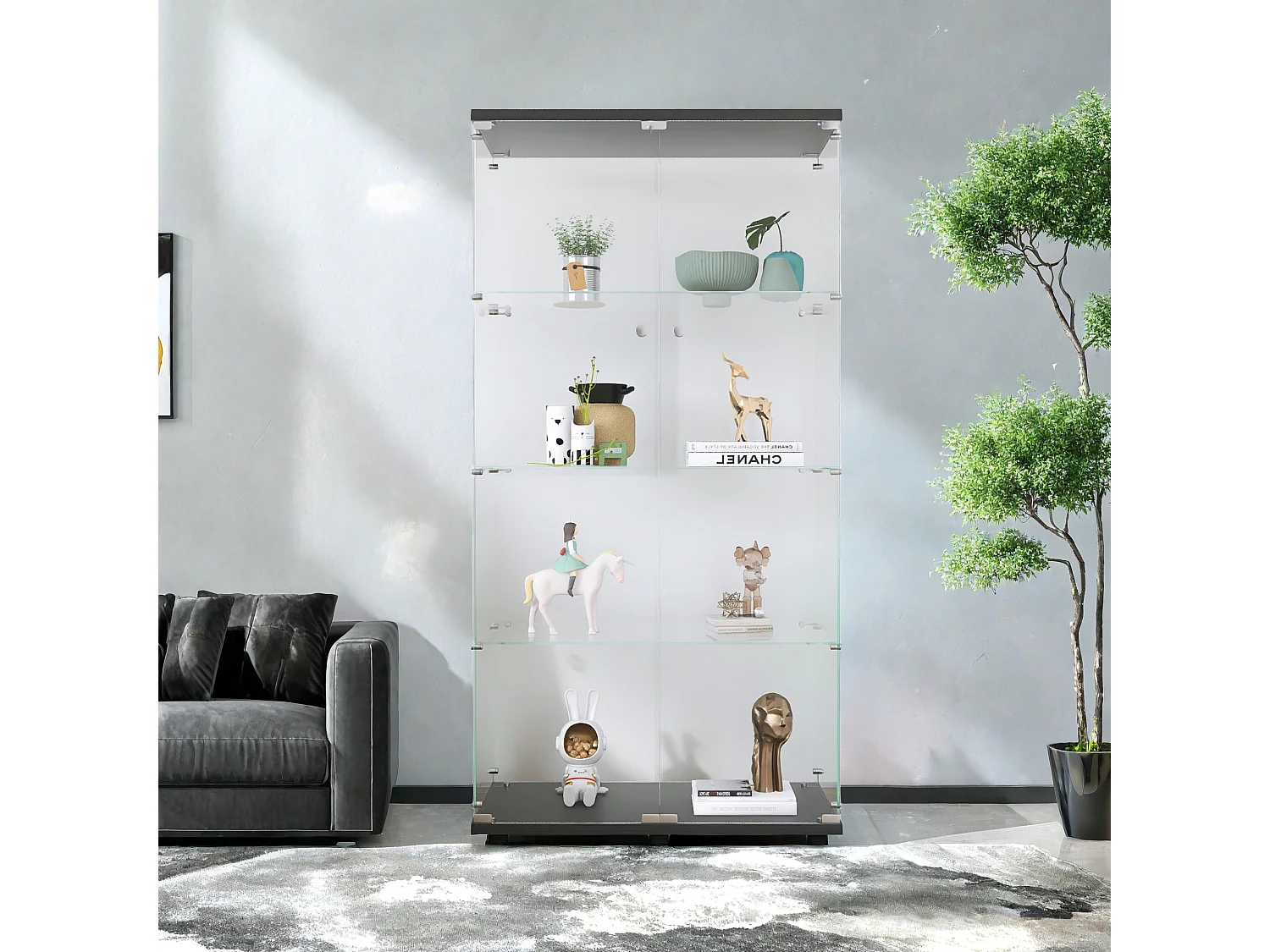 Vitrine en verre à deux portes, Vitrine,  rangement, 4 niveaux, chambre à coucher, salon, bureau, noir