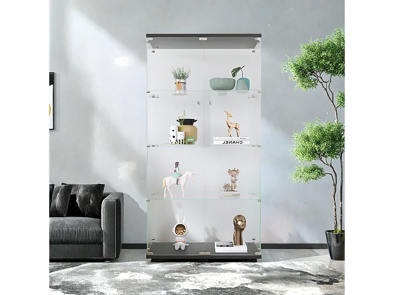 Vitrine en verre à deux portes, Vitrine,  rangement, 4 niveaux, chambre à coucher, salon, bureau, noir
