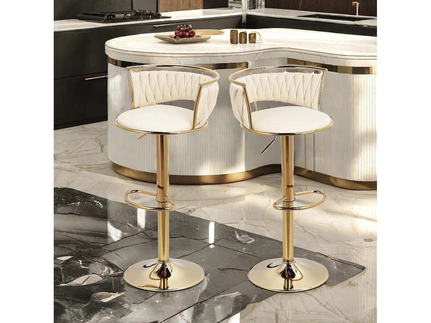 Ensemble de 2 tabourets de bar, chaise de salle à manger, hauteur réglable, base ronde, Beige, velours