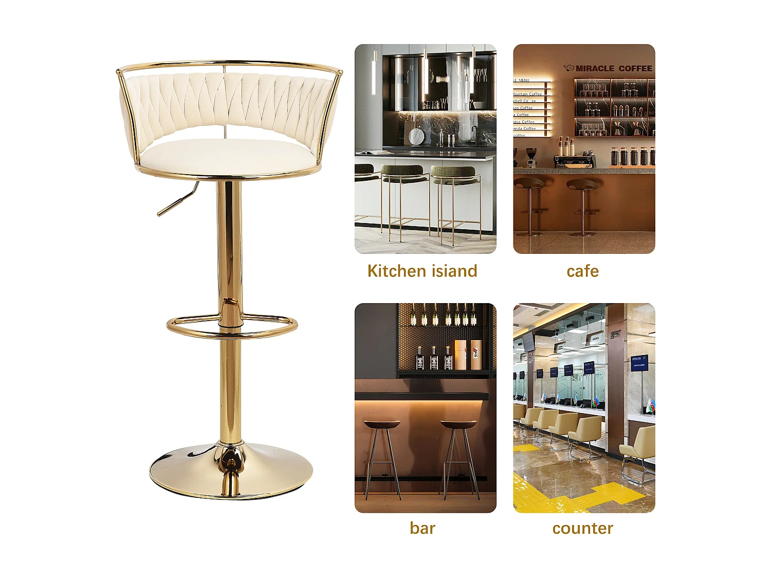 Ensemble de 2 tabourets de bar, chaise de salle à manger, hauteur réglable, base ronde, Beige, velours