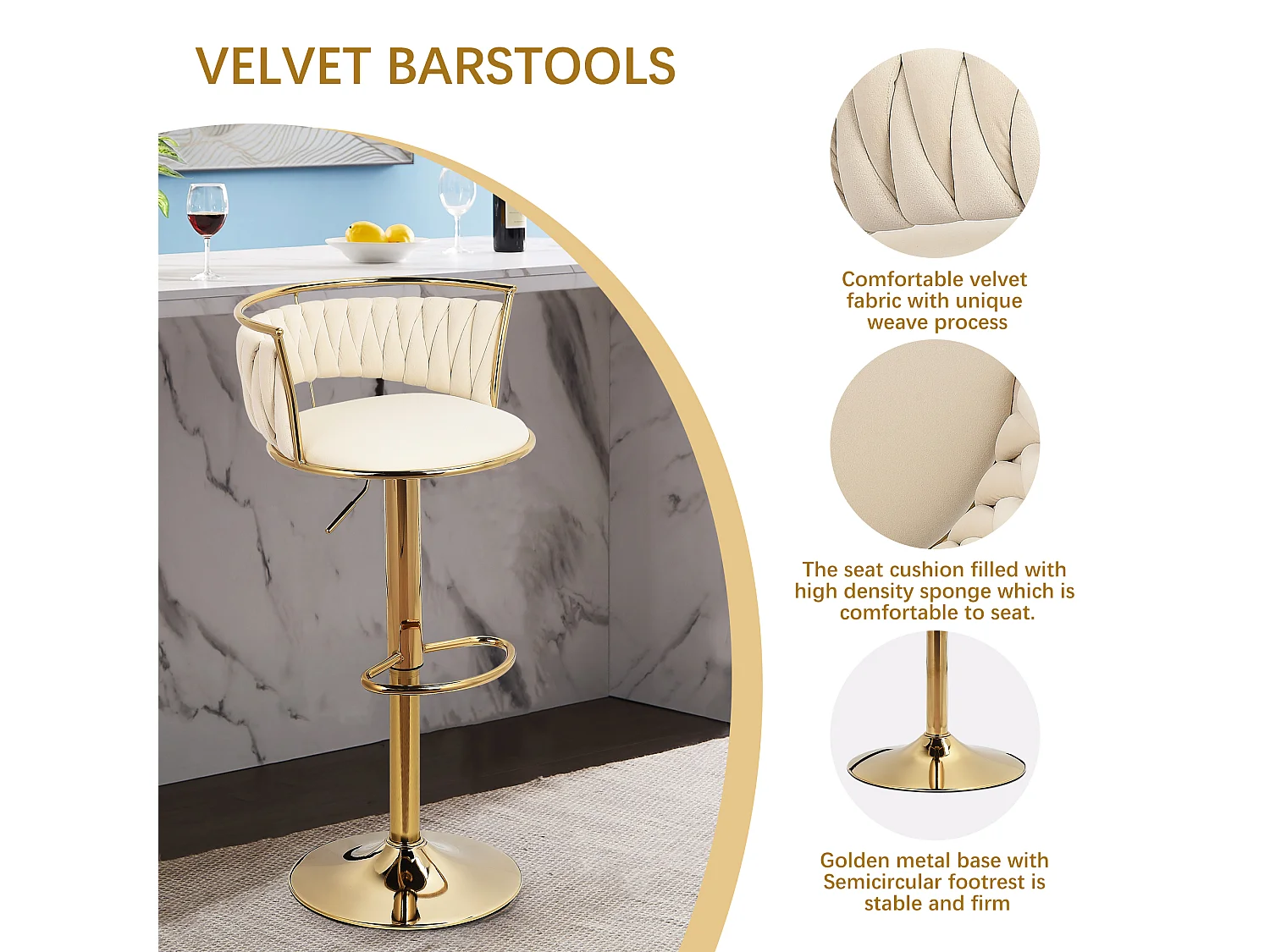 Ensemble de 2 tabourets de bar, chaise de salle à manger, hauteur réglable, base ronde, Beige, velours