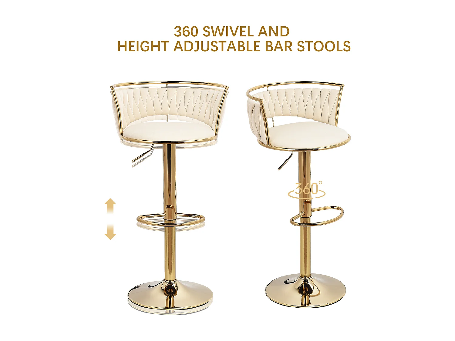 Ensemble de 2 tabourets de bar, chaise de salle à manger, hauteur réglable, base ronde, Beige, velours