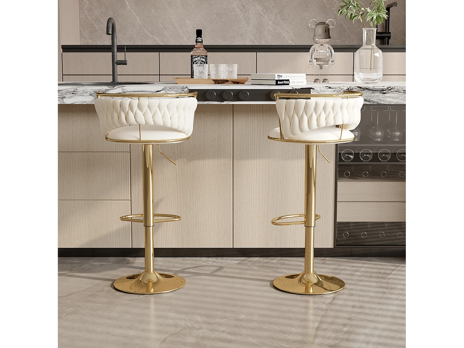 Ensemble de 2 tabourets de bar, chaise de salle à manger, hauteur réglable, base ronde, Beige, velours