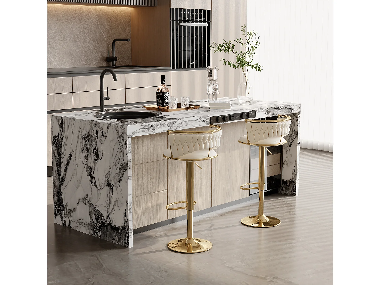 Ensemble de 2 tabourets de bar, chaise de salle à manger, hauteur réglable, base ronde, Beige, velours