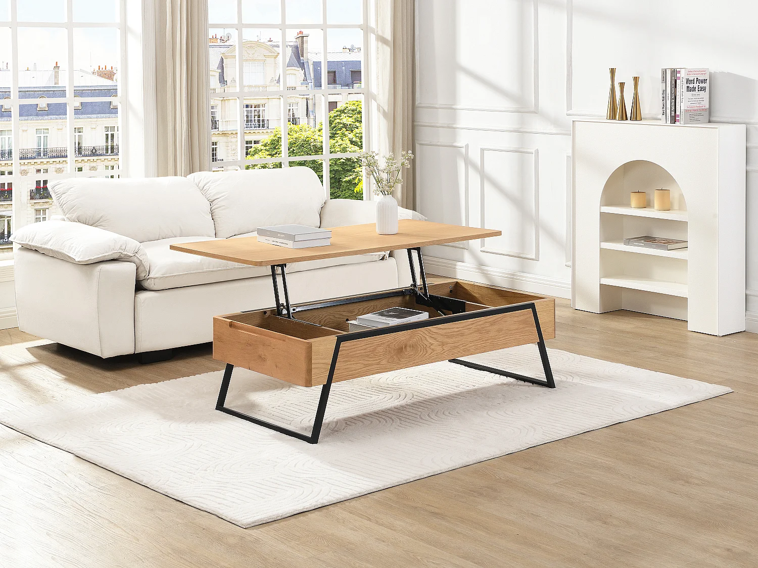 Mesa de centro con tablero elevable chapado en roble - Natural - EBENORA