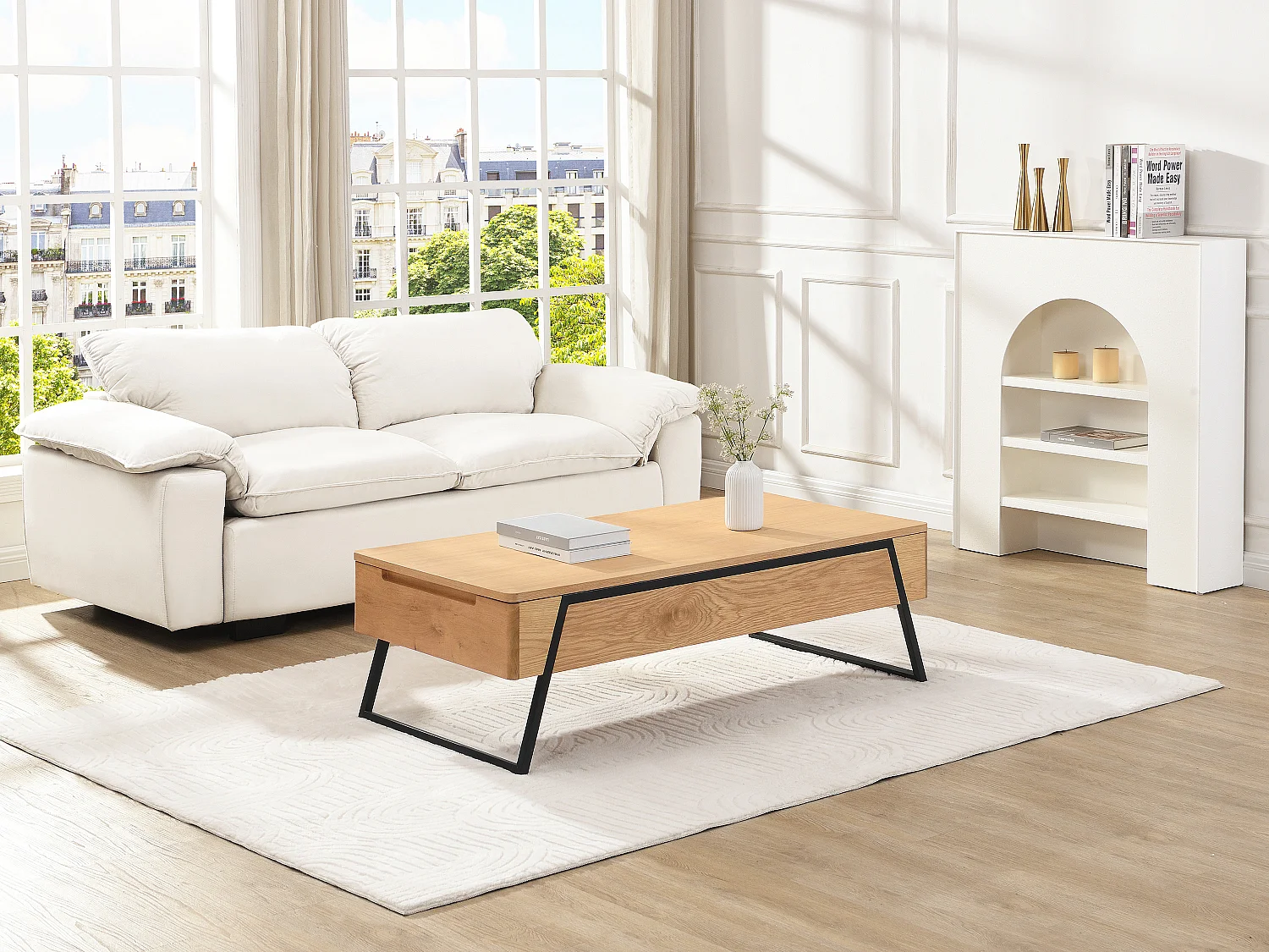 Table basse avec plateau relevable placage chêne - Naturel - EBENORA