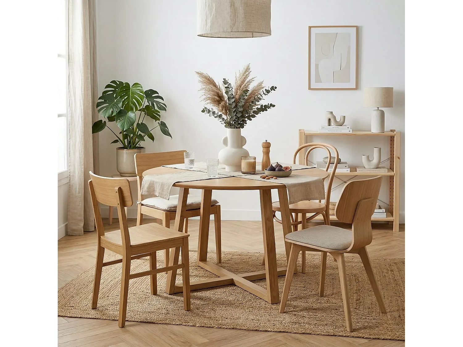 Table à manger ronde pieds croisés chêne naturel 4 places D120 - MOLY