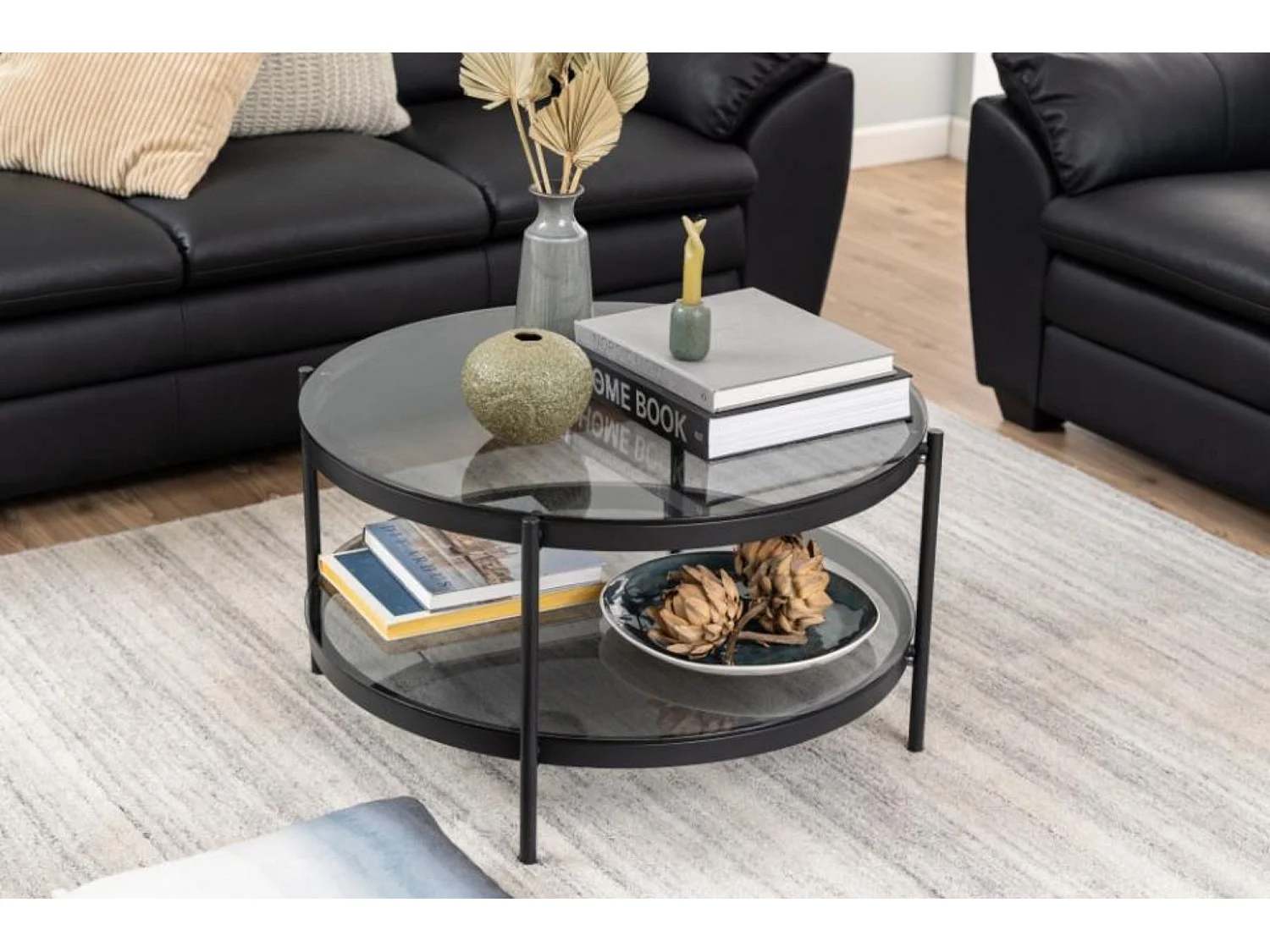 Table basse ronde en verre et métal noir - BENNY