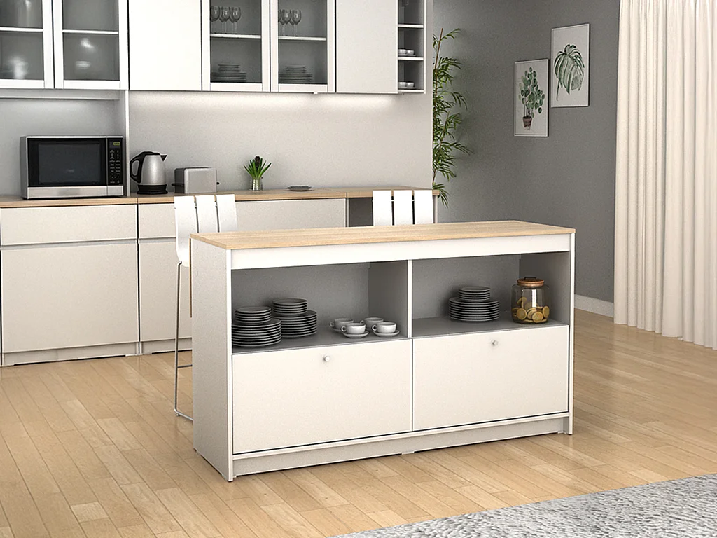 Ilot central de cuisine avec 2 portes et 2 niches - Blanc et chêne - TEKYNA