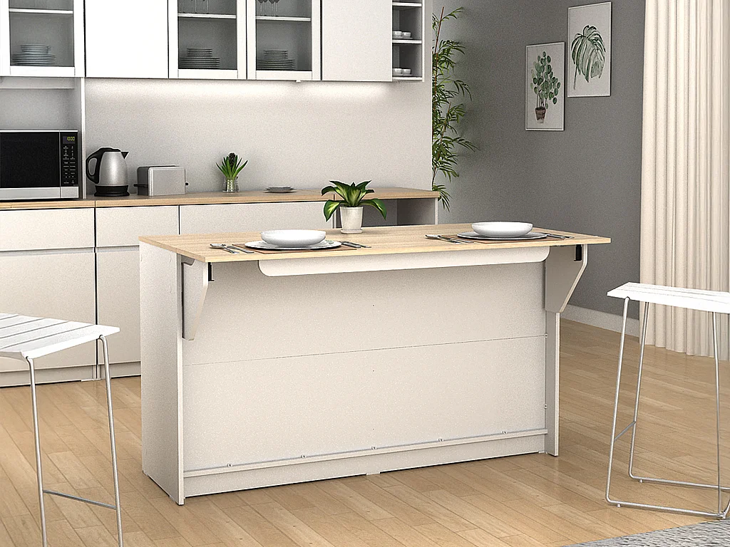 Ilot central de cuisine avec 2 portes et 2 niches - Blanc et chêne - TEKYNA