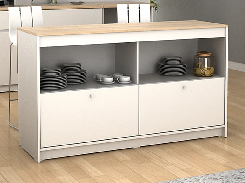 Ilot central de cuisine avec 2 portes et 2 niches - Blanc et chêne - TEKYNA