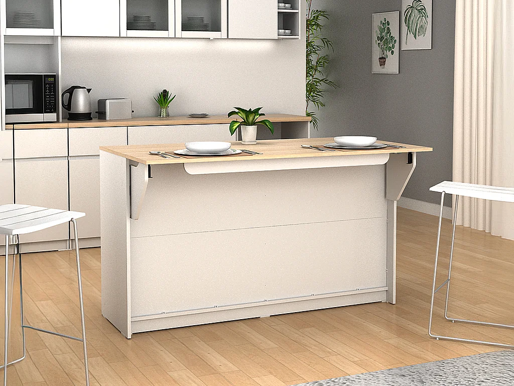 Ilot central de cuisine avec 2 portes - Blanc et chêne - BENITA