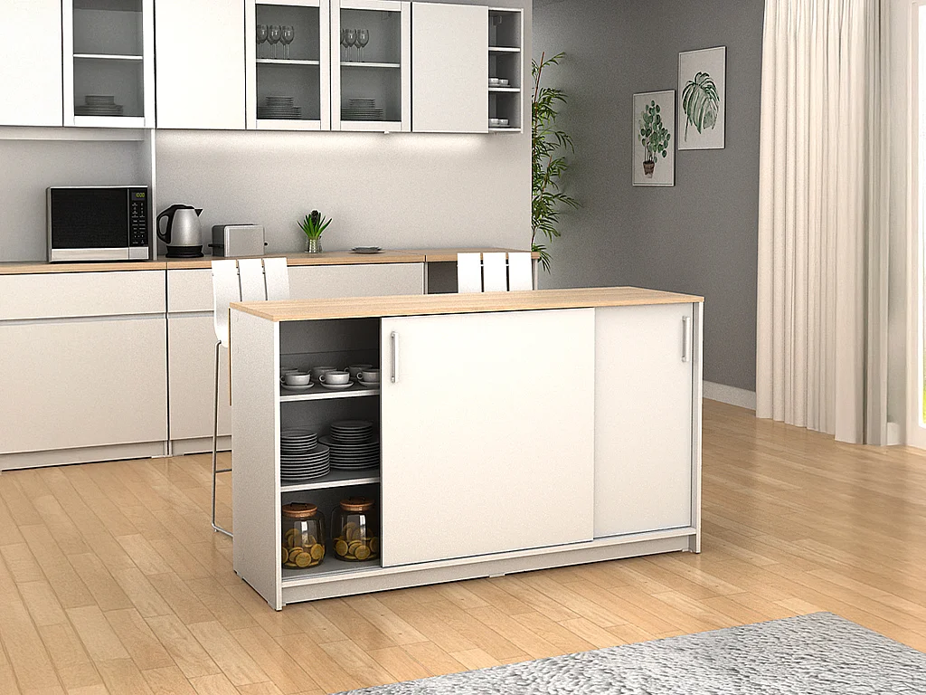 Ilot central de cuisine avec 2 portes - Blanc et chêne - BENITA