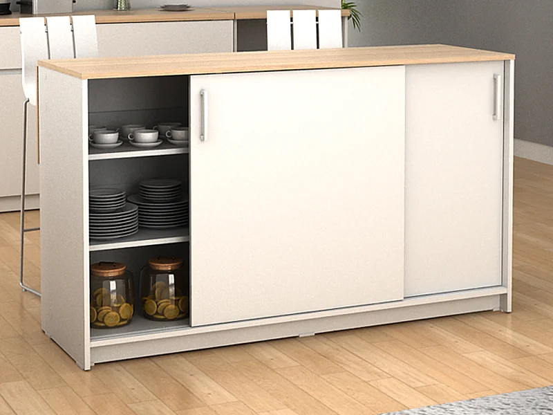 Ilot central de cuisine avec 2 portes - Blanc et chêne - BENITA