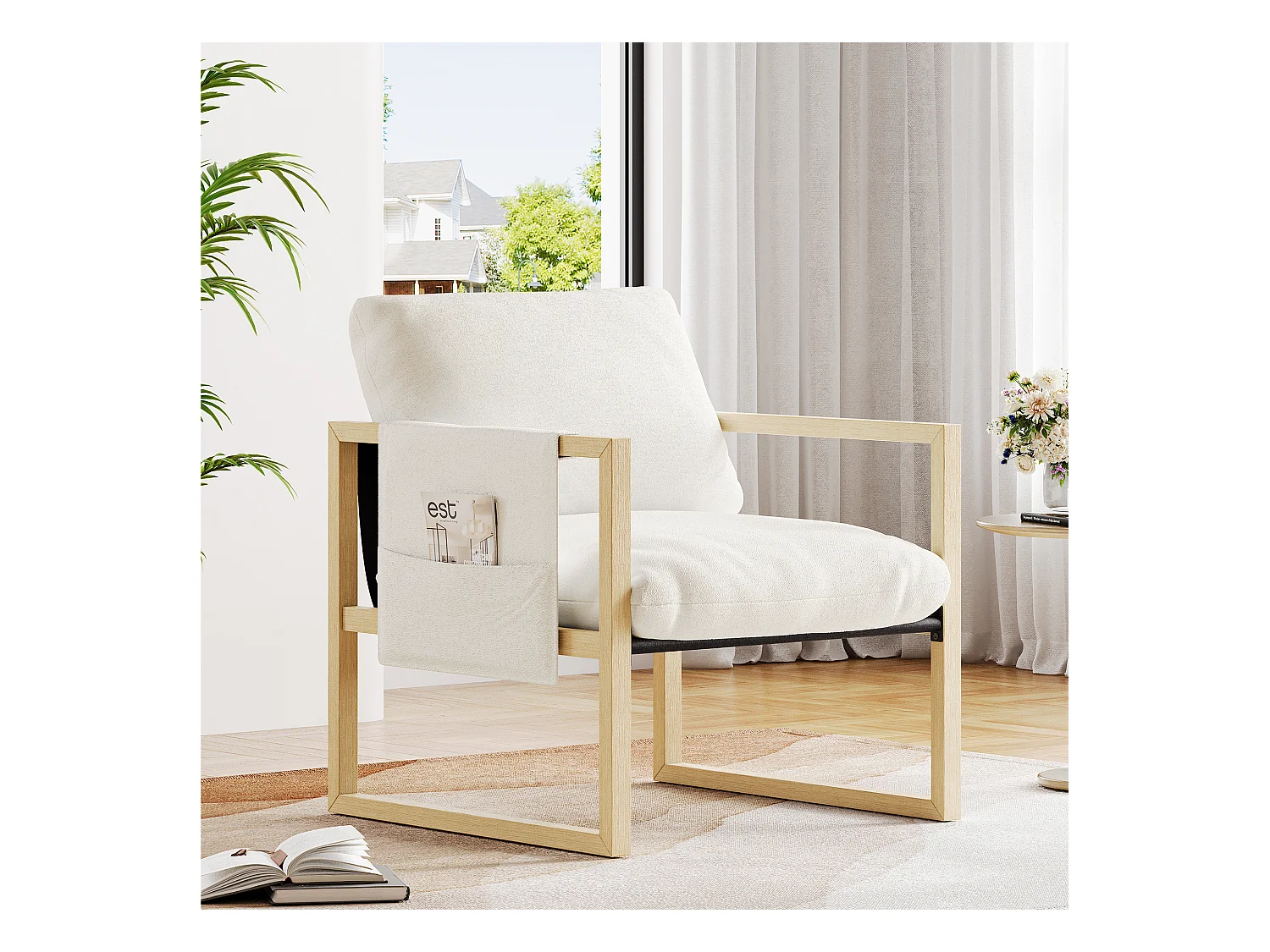 Bequemer Wohnzimmer Sessel - 79x68x83 cm - entspannender Stuhl mit dickem Sitz - Sherpa -Stoff - gebrochenes Weiß