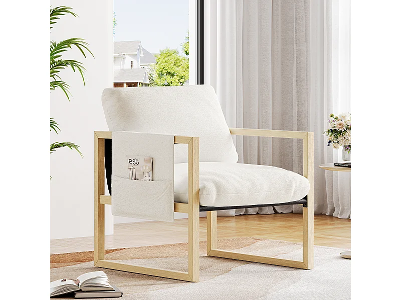 Bequemer Wohnzimmer Sessel - 79x68x83 cm - entspannender Stuhl mit dickem Sitz - Sherpa -Stoff - gebrochenes Weiß
